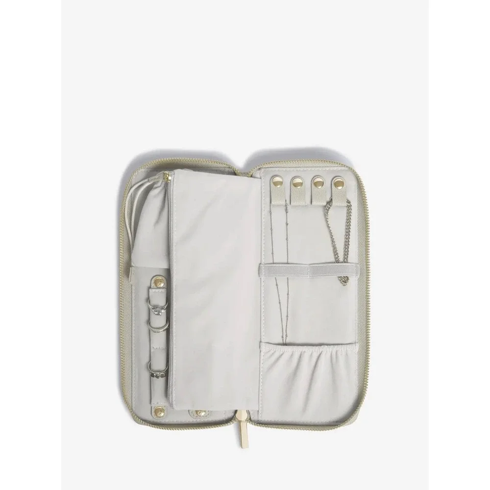 Stackers Oatmeal Linen Travel Jewelry Wallet Organizer Zip Clutch Beige Gold